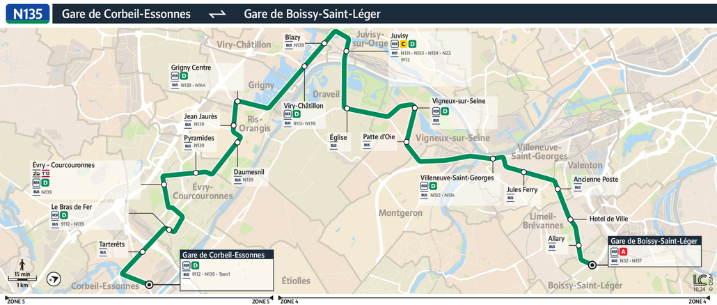 Tracé de la ligne de Noctilien N135