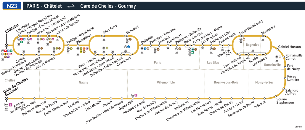Tracé de la ligne de Noctilien N23